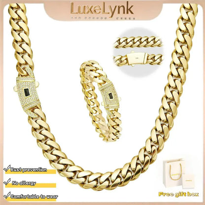 14K Gold-Plated Cuban Link Necklace & Bracelet Set – Anti-Tarnish, 6–14mm